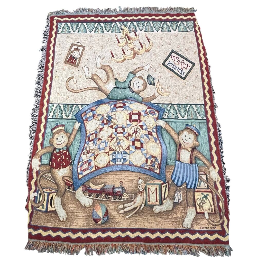 VTG‎ Monkey Business Tapestry Bananas Debbie Mumm Quilt Woven Nursery Decor Kids